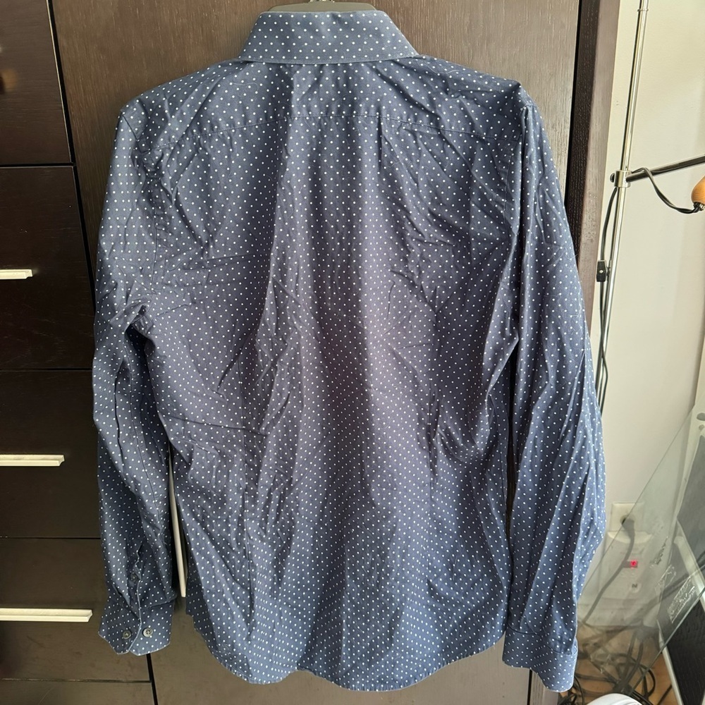 Men’s Express Extra Slim Dots Dress Shirt, Navy Blue - Picture 4 of 11
